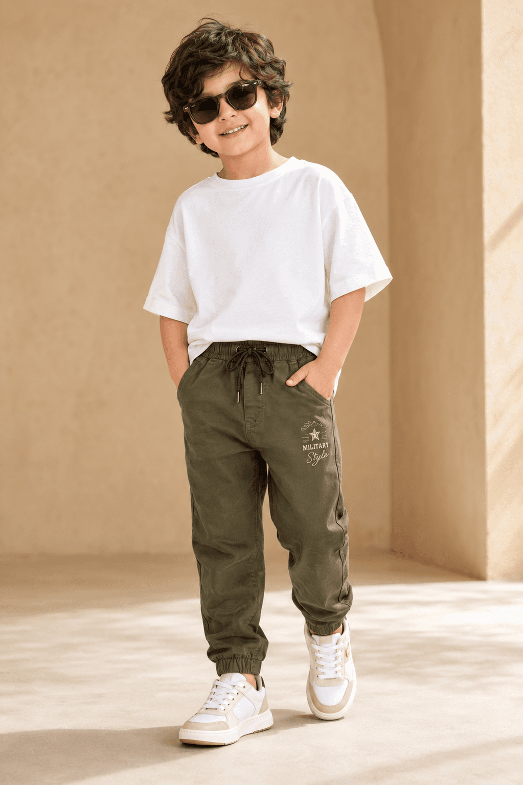 Style No. 364 premium 100% cotton boys joggers pant in modern studio display
