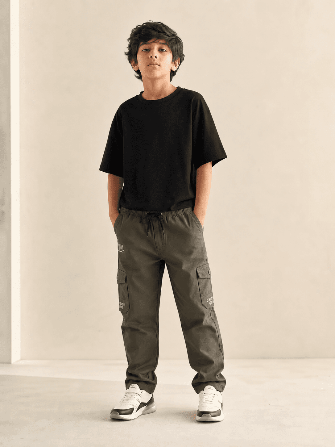 Style No. 773 premium 100% cotton kids cargo pants with utility side pockets