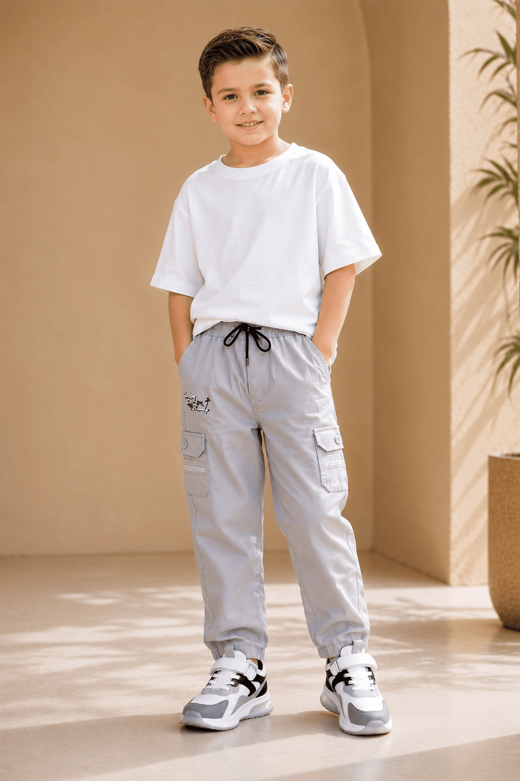 Style No. 774 premium 100% cotton kids cargo pants with utility side pockets