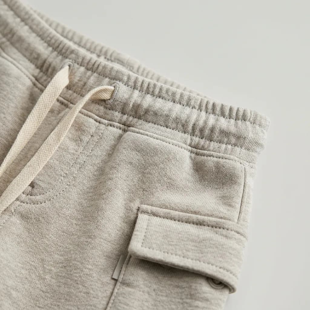 Close-up of premium cargo pants manufacturing and stitching
